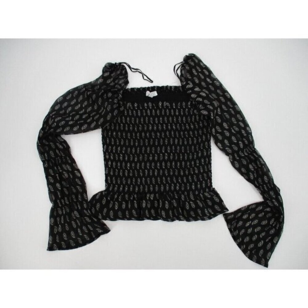Patrons of Peace Womens Shirt XS Black Smocked White Bell Sleeve Stretchy Casual